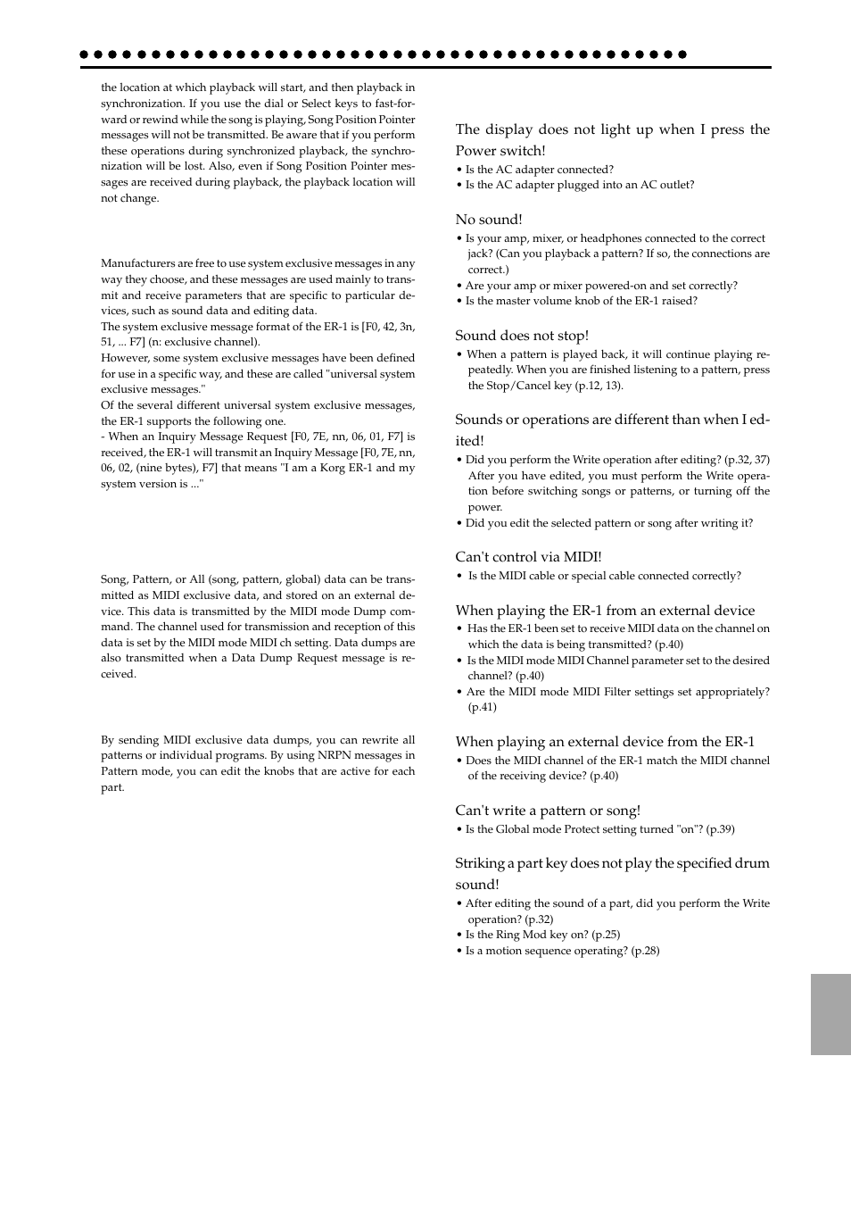 Troubleshooting, About system exclusive messages, Transmitting sound setting data (data dump) | Editing sounds etc | KORG ELECTRIBER ER-1 User Manual | Page 43 / 52