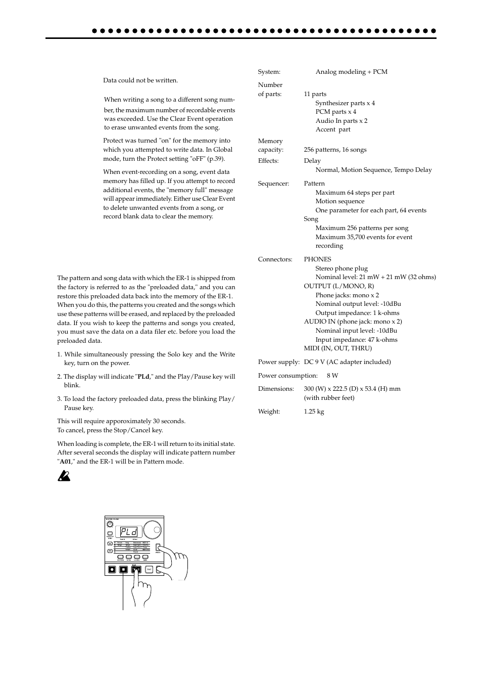 Error messages, Restoring the factory set data, Specifications | Er.1 er.2 er.9 full | KORG ELECTRIBER ER-1 User Manual | Page 44 / 52