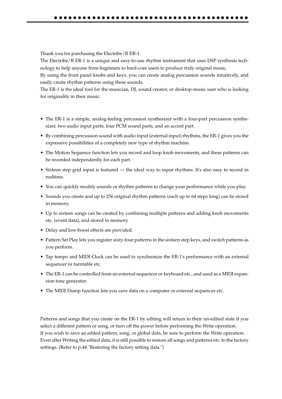 Introduction, Main features, About the data you create on the er-1 | KORG ELECTRIBER ER-1 User Manual | Page 6 / 52