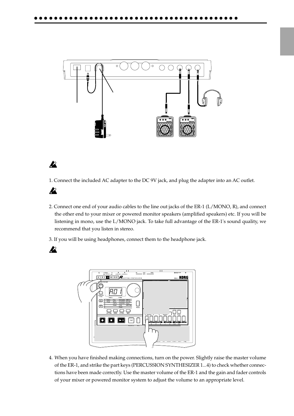 Make connections and play, Example connections, Preparing to play | Example connections preparing to play | KORG ELECTRIBER ER-1 User Manual | Page 7 / 52
