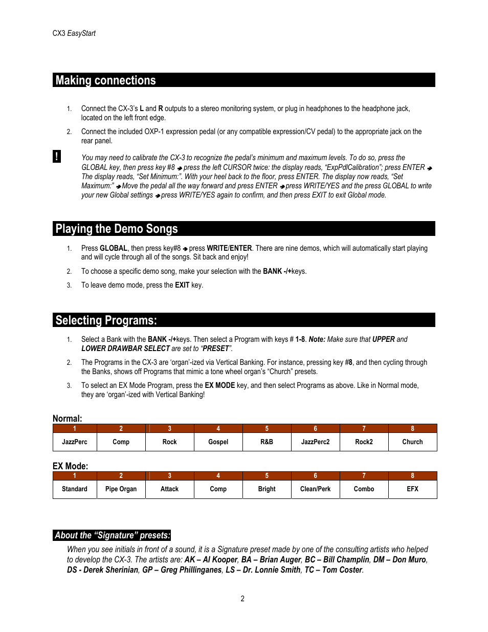 Making connections, Playing the demo songs, Selecting programs | KORG EASYSTART CX-3 User Manual | Page 2 / 5