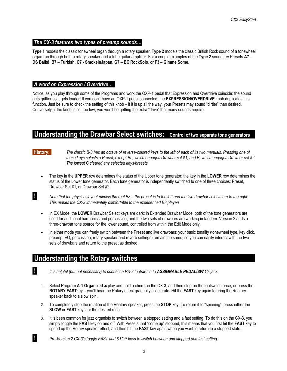 Understanding the drawbar select switches, Understanding the rotary switches | KORG EASYSTART CX-3 User Manual | Page 3 / 5