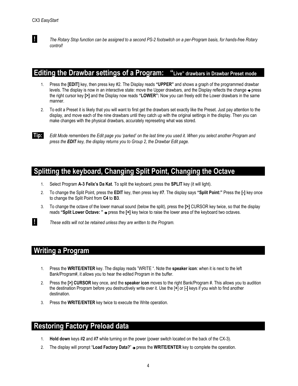 Editing the drawbar settings of a program, Writing a program, Restoring factory preload data | KORG EASYSTART CX-3 User Manual | Page 4 / 5