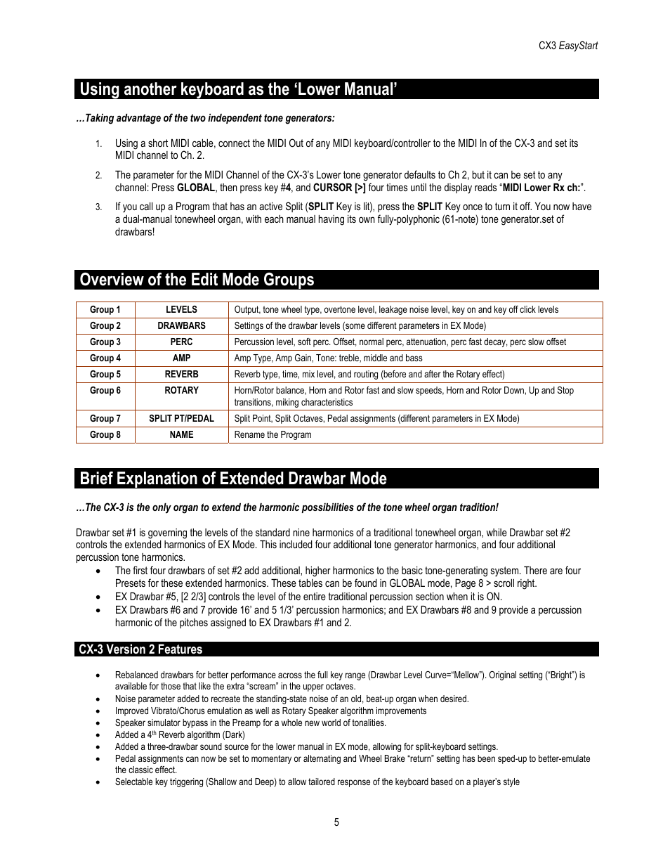 Using another keyboard as the ‘lower manual, Overview of the edit mode groups, Brief explanation of extended drawbar mode | KORG EASYSTART CX-3 User Manual | Page 5 / 5