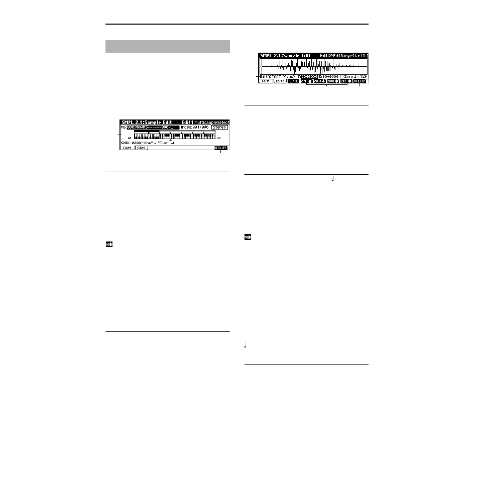 Smpl 2.1: sample edit, 1–1: edit1, 1–2: edit2 | P.98) | KORG TRITON Le Electric Keyboard User Manual | Page 105 / 269