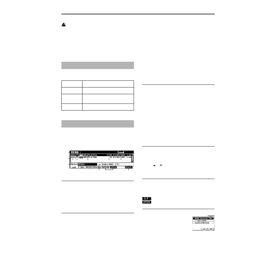 1–1: load, Media page menu | KORG TRITON Le Electric Keyboard User Manual | Page 147 / 269