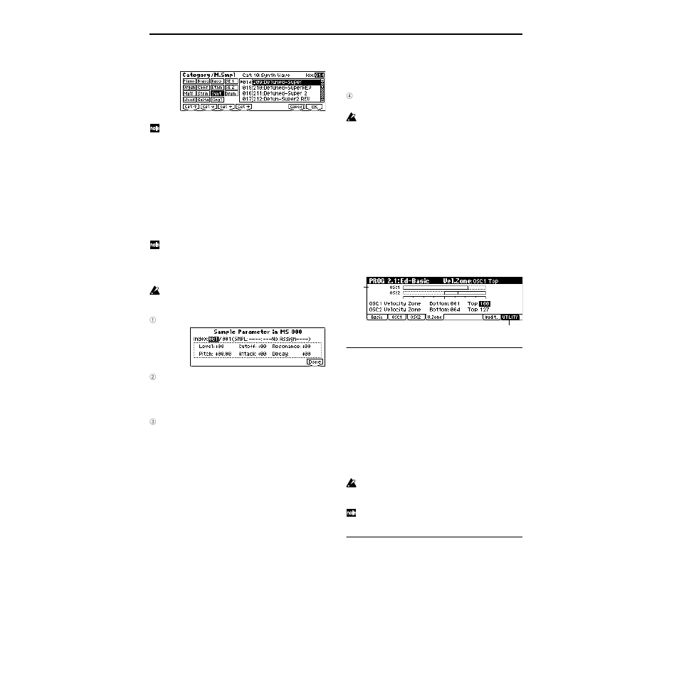 1–3: osc2, 1–4: v.zone (velocity zone), 1–4: v.zone | KORG TRITON Le Electric Keyboard User Manual | Page 15 / 269