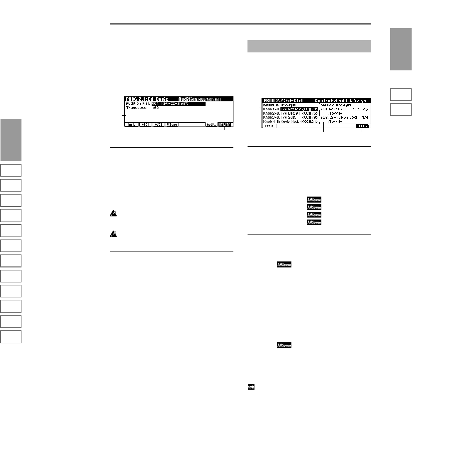 1–5: audit. (audition), Prog 2.2: ed–ctrl, 2–1: ctrls (controls) | P.9) | KORG TRITON Le Electric Keyboard User Manual | Page 16 / 269