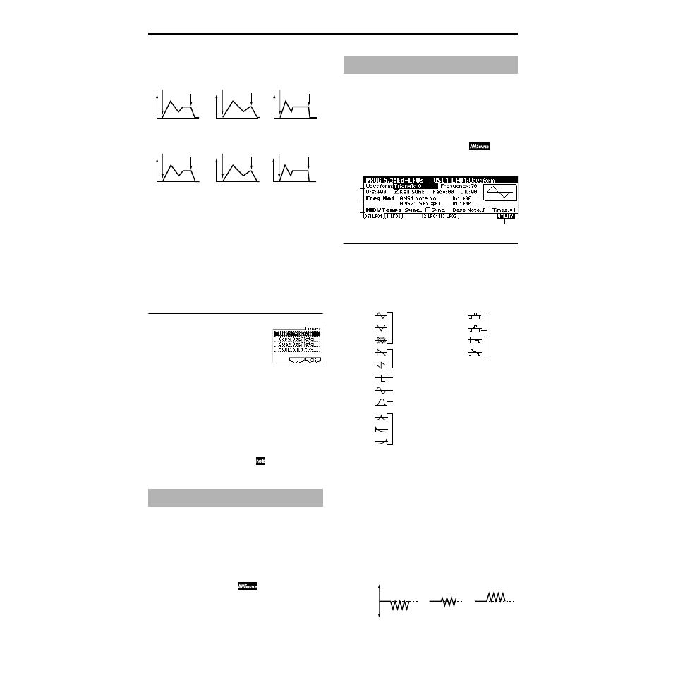 Prog 5.2: ed–amp2, 2–1: lvl/pan (level/pan), 2–2: mod. (amp2 modulation) | 2–3: eg (amp2 eg), Prog 5.3: ed–lfos, 3–1: os1lfo1 (osc1 lfo1), P.22), 2–1: lvl/pan, 2–2: mod, 2–3: eg | KORG TRITON Le Electric Keyboard User Manual | Page 29 / 269