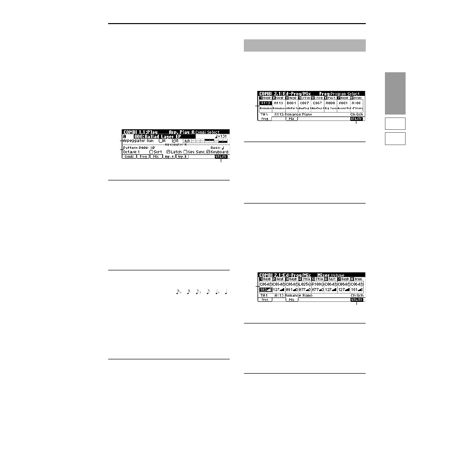 1–4: arp. a (arpeggio play a), 1–5: arp. b (arpeggio play b), Combi 2.1: ed–prog/mixer | 1–1: prog (timbre program), 1–2: mix (mixer), P.35), 1–4: arp. a, 1–5: arp. b, 1–1: prog, 1–2: mix | KORG TRITON Le Electric Keyboard User Manual | Page 42 / 269