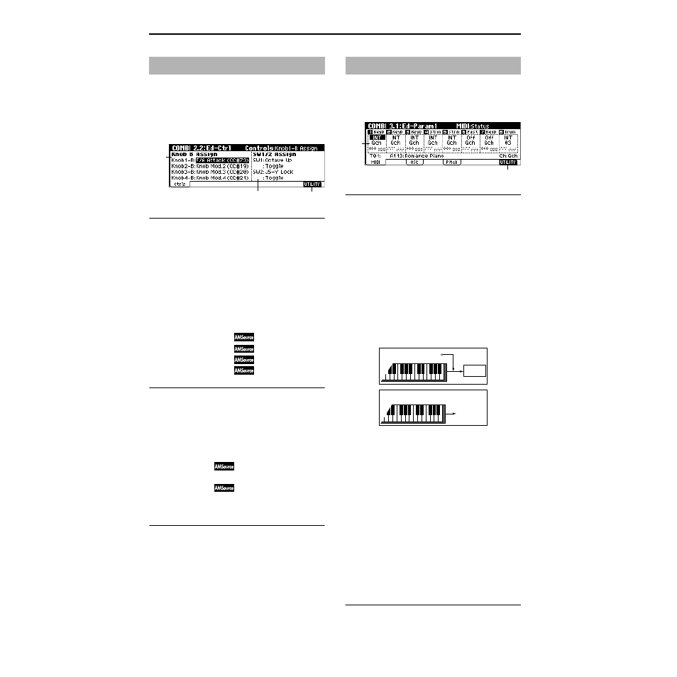 Combi 2.2: ed–ctrl, 2–1: ctrls (controls), Combi 3.1: ed–param1 | 1–1: midi, P.36), 2–1: ctrls | KORG TRITON Le Electric Keyboard User Manual | Page 43 / 269