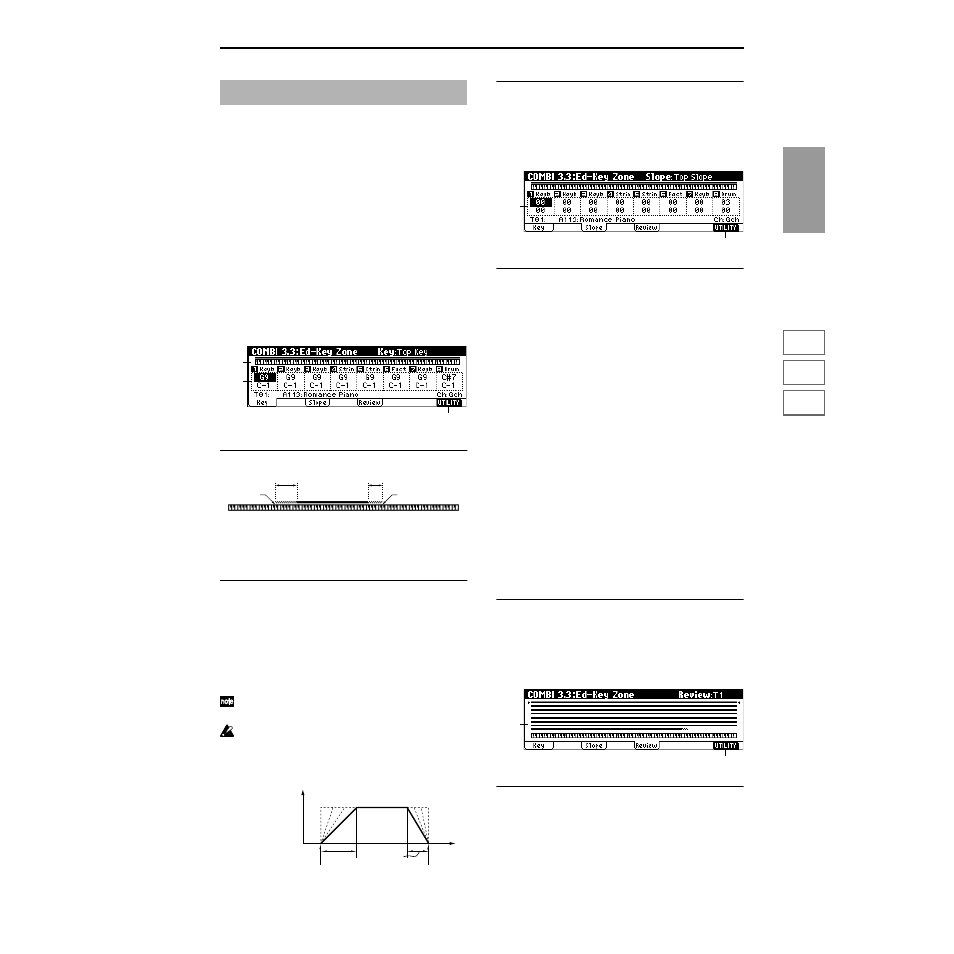 Combi 3.3: ed–key zone, 3–1: key (key zone), 3–2: slope (key slope) | 3–3: review, P.39), 3–1: key, 3–2: slope | KORG TRITON Le Electric Keyboard User Manual | Page 46 / 269