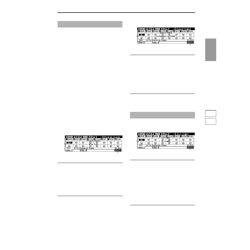 Combi 4.1: ed–midi filter1, 1–1: midi 1–1 (midi filter 1–1), 1–2: midi 1–2 (midi filter 1–2) | Combi 4.2: ed–midi filter2, 2–1: midi 2–1 (midi filter 2–1), P.41) | KORG TRITON Le Electric Keyboard User Manual | Page 48 / 269