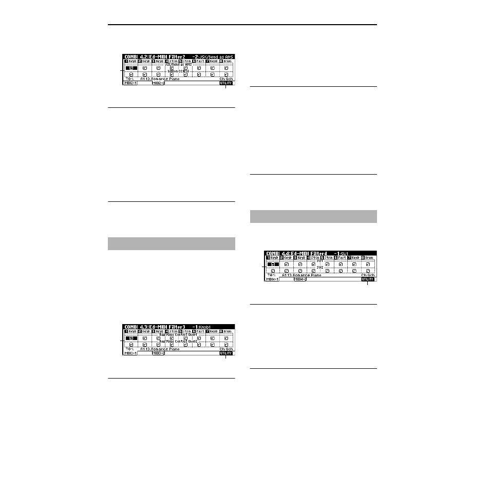 2–2: midi 2–2 (midi filter 2–2), Combi 4.3: ed–midi filter3, 3–1: midi 3–1 (midi filter 3–1) | 3–2: midi 3–2 (midi filter 3–2), Combi 4.4: ed–midi filter4, 4–1: midi 4–1 (midi filter 4–1), Knob, P.42), 2–2: midi 2–2, 3–1: midi 3–1 | KORG TRITON Le Electric Keyboard User Manual | Page 49 / 269