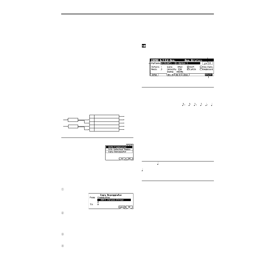 1–2: arp. a (arpeggiator a), 1–3: arp. b (arpeggiator b), 1–2: arp. a | 1–3: arp. b, 1–1c: utility, Arpeggiator a), Arpeggiator b), 1–2(3)a: arpeggiator-a(b) setup, 1–2(3)b: (tempo), 1–2(3)c: utility | KORG TRITON Le Electric Keyboard User Manual | Page 51 / 269