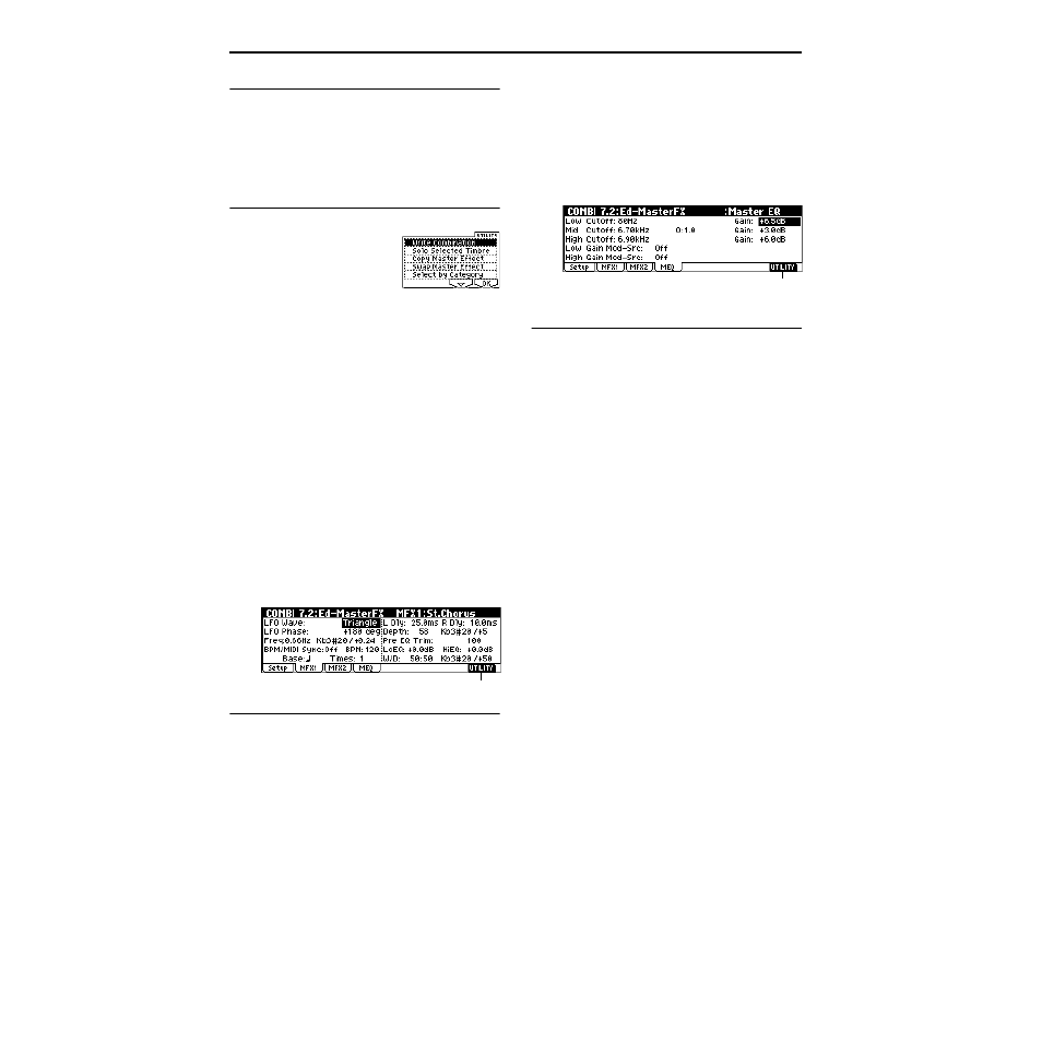 2–2: mfx1 (master effect1), 2–3: mfx2 (master effect2), 2–4: meq (master eq) | 2–2: mfx1, 2–3: mfx2, 2–4: meq | KORG TRITON Le Electric Keyboard User Manual | Page 55 / 269