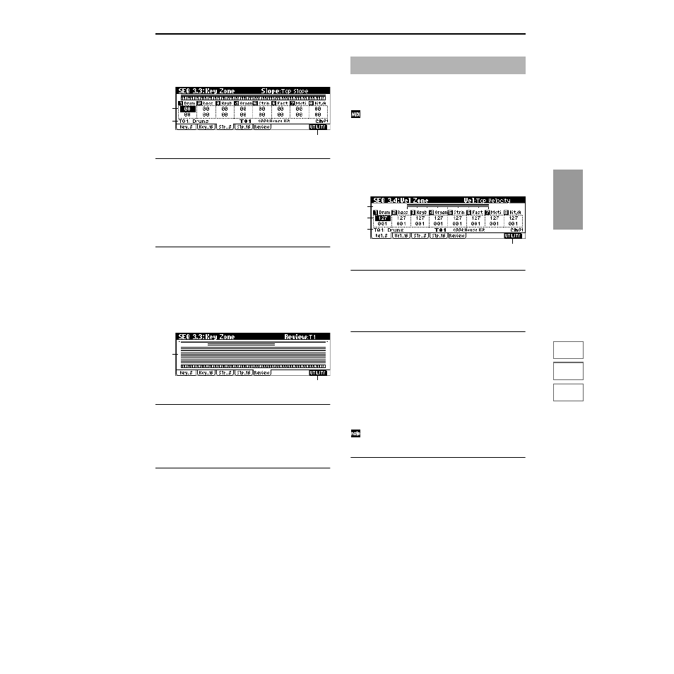 3–3: slp (slope t01 ), 3–4: slp (slope t09 ), 3–5: review | Seq 3.4: vel zone, 4–1: vel (vel t01 ), 4–2: vel (vel t09 ), P.65) | KORG TRITON Le Electric Keyboard User Manual | Page 72 / 269