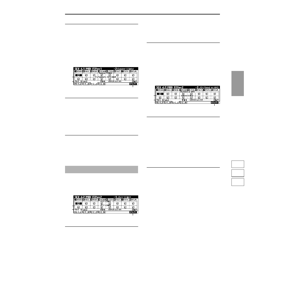 1–3: 1–2 (midi filter1–2 t01 ), 1–4: 1–2 (midi filter1–2 t09 ), Seq 4.2: midi filter2 | 2–1: m2–1 (midi filter2–1 t01 ), 2–2: 2–1 (midi filter2–1 t09 ), 2–3: 2–2 (midi filter2–2 t01 ), 2–4: 2–2 (midi filter2–2 t09 ), P.67) | KORG TRITON Le Electric Keyboard User Manual | Page 74 / 269