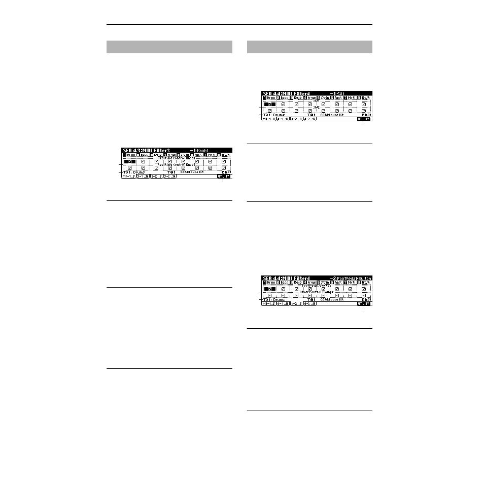 Seq 4.3: midi filter3, 3–1: m3–1 (midi filter3–1 t01 ), 3–2: 3–1 (midi filter3–1 t09 ) | 3–3: 3–2 (midi filter3–2 t01 ), 3–4: 3–2 (midi filter3–2 t09 ), Seq 4.4: midi filter4, 4–1: m4–1 (midi filter4–1 t01 ), 4–2: 4–2 (midi filter4–1 t09 ), 4–3: 4–2 (midi filter4–2 t01 ), 4–4: 4–2 (midi filter4–2 t09 ) | KORG TRITON Le Electric Keyboard User Manual | Page 75 / 269