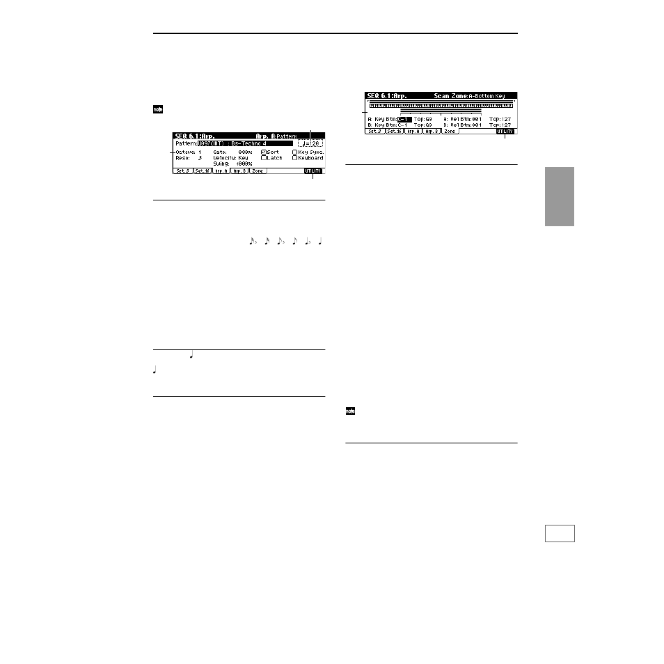 1–3: arp. a (arpeggiator a), 1–4: arp. b (arpeggiator b), 1–5: zone (scan zone) | 1–3: arp. a, 1–4: arp. b, 1–5: zone | KORG TRITON Le Electric Keyboard User Manual | Page 90 / 269