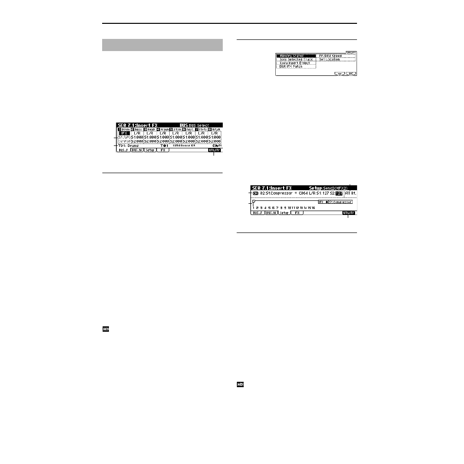 Seq 7.1: insert fx, 1–1: bus (bus t01 ), 1–2: bus (bus t09 ) | 1–3: setup, P.84), 1–1: bus, 1–2: bus | KORG TRITON Le Electric Keyboard User Manual | Page 91 / 269