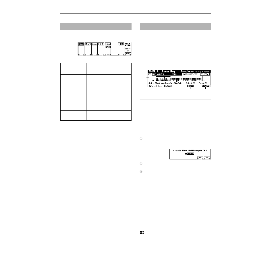 Smpl 1.1: recording, 1–1: sample, Smpl page menu | KORG TRITON Le Electric Keyboard User Manual | Page 95 / 269