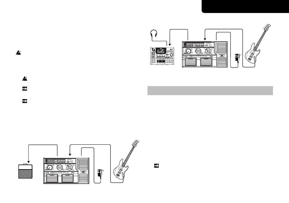 Basic connections, Example of a connection to a bass amp, Example of a connection to a mixer or recorder | Program mode, Selecting a program, Ax5b owner’s manual | KORG TONEWORKS AX5B User Manual | Page 7 / 43