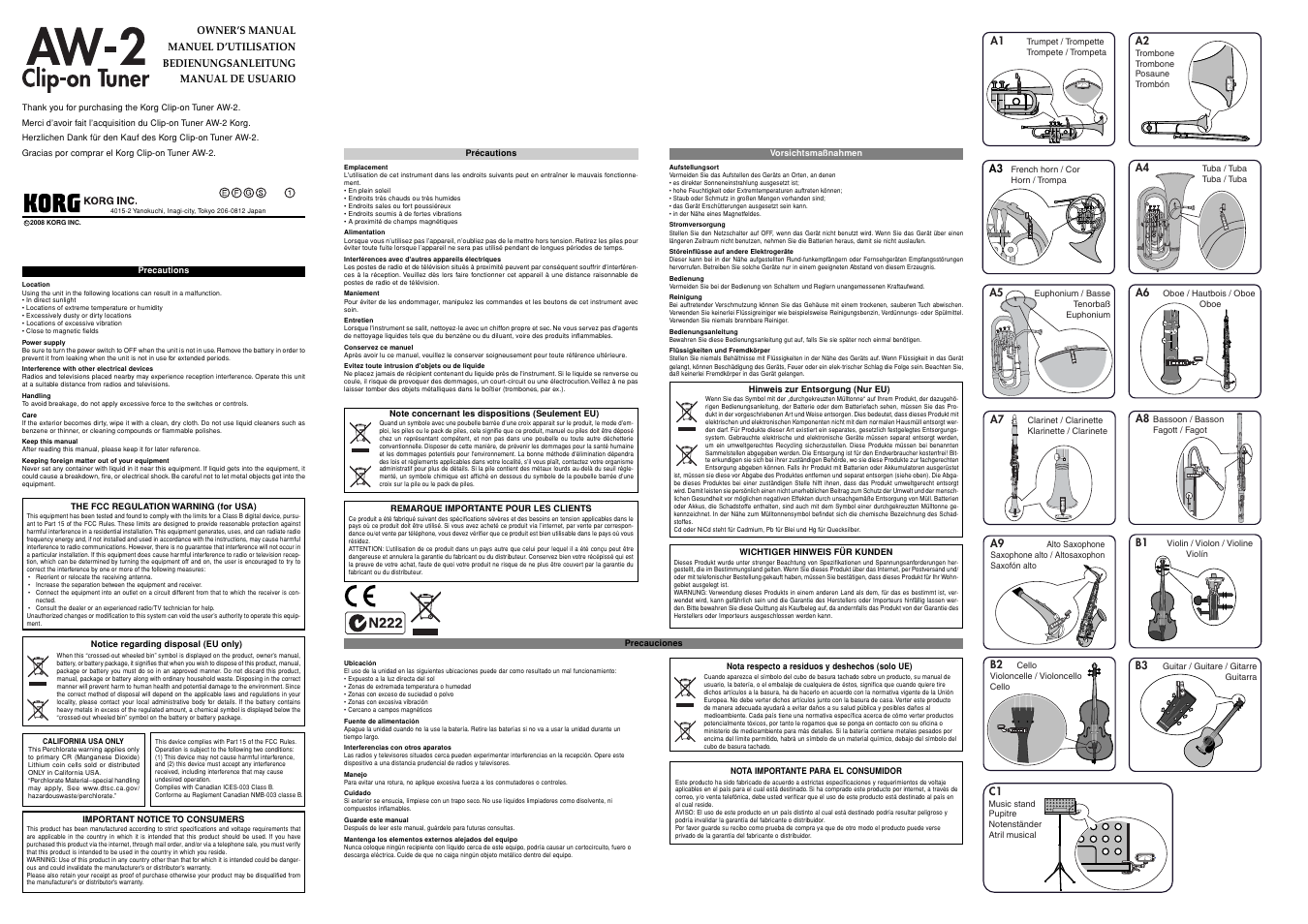 KORG Clip-on Tuner AW-2 User Manual | 4 pages