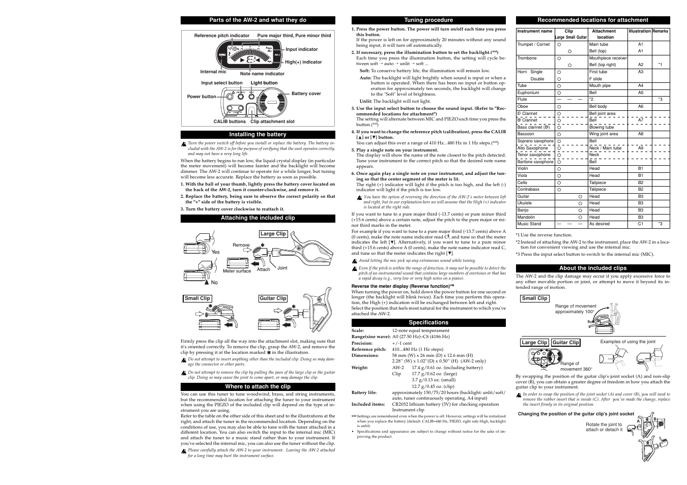 KORG Clip-on Tuner AW-2 User Manual | Page 2 / 4