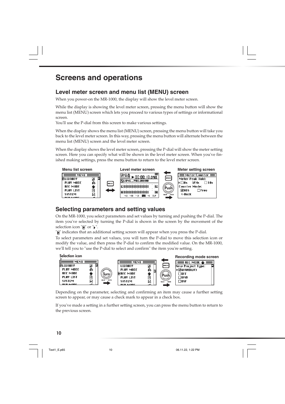 Screens and operations, Level meter screen and menu list (menu) screen, Selecting parameters and setting values | KORG DSD MR-1000 User Manual | Page 10 / 56