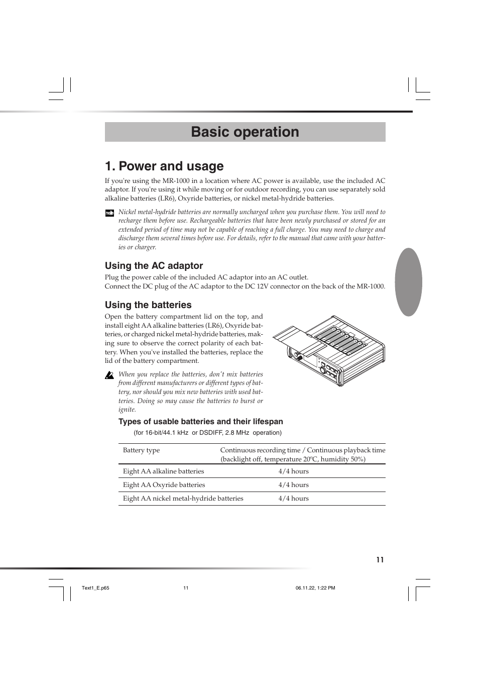 Basic operation, Power and usage, Using the ac adaptor | Using the batteries, Using the ac adaptor using the batteries | KORG DSD MR-1000 User Manual | Page 11 / 56