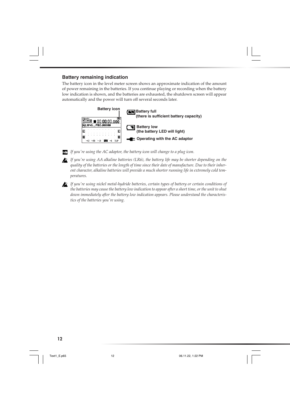 Battery remaining indication | KORG DSD MR-1000 User Manual | Page 12 / 56