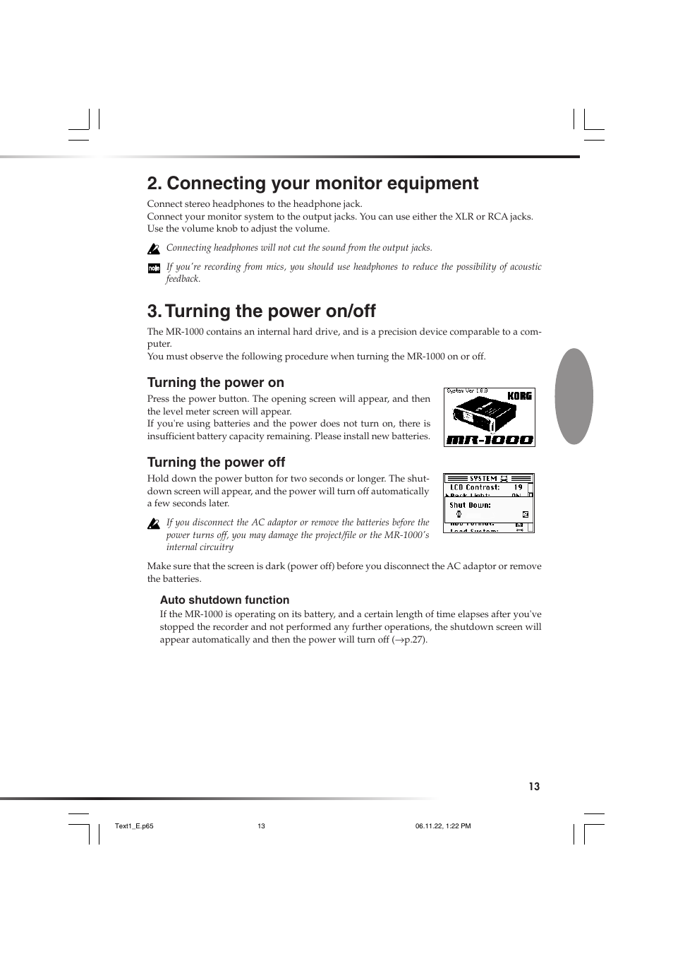 Connecting your monitor equipment, Turning the power on/off, Turning the power on | Turning the power off, Turning the power on turning the power off | KORG DSD MR-1000 User Manual | Page 13 / 56