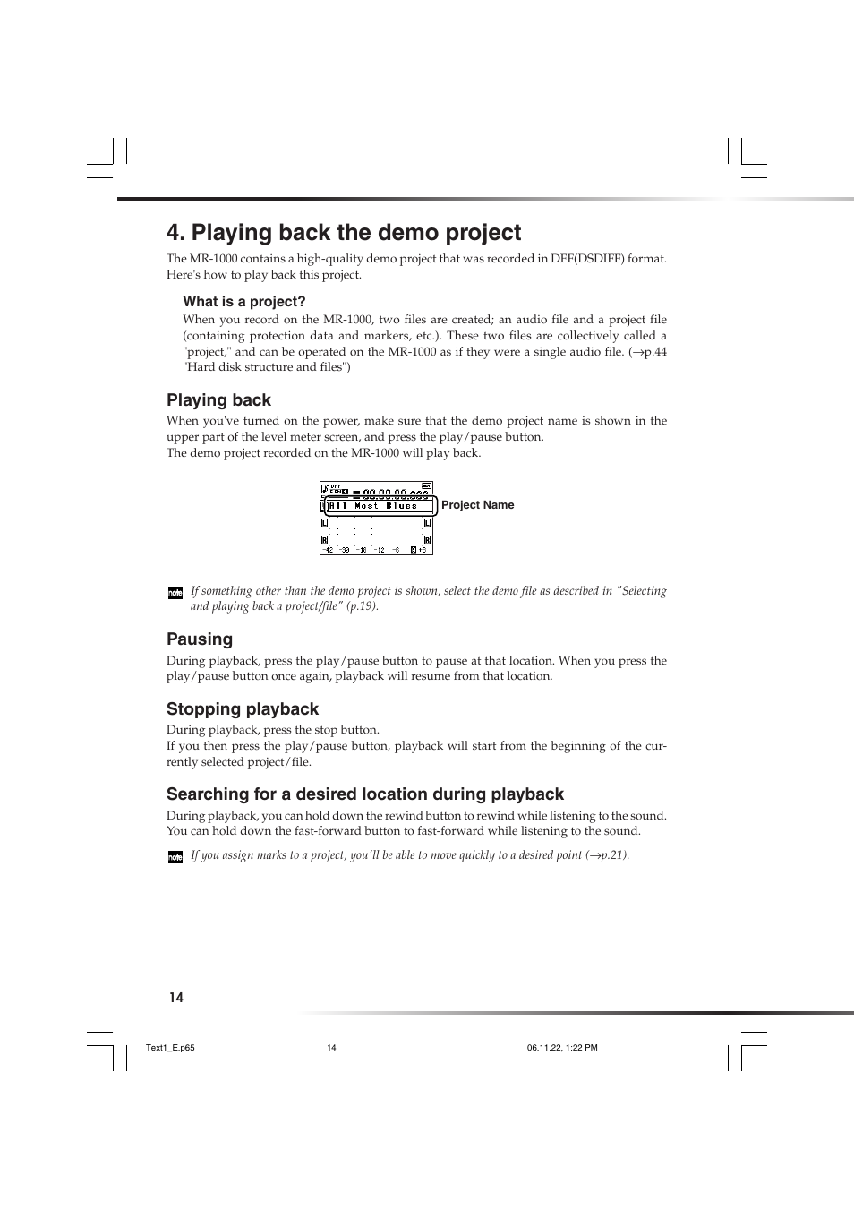 Playing back the demo project, Playing back, Pausing | Stopping playback, Searching for a desired location during playback, Oject, P.14) or file, and parameter settings, P.14) or file, or to r, P.14) or file, or to fast-forwar | KORG DSD MR-1000 User Manual | Page 14 / 56