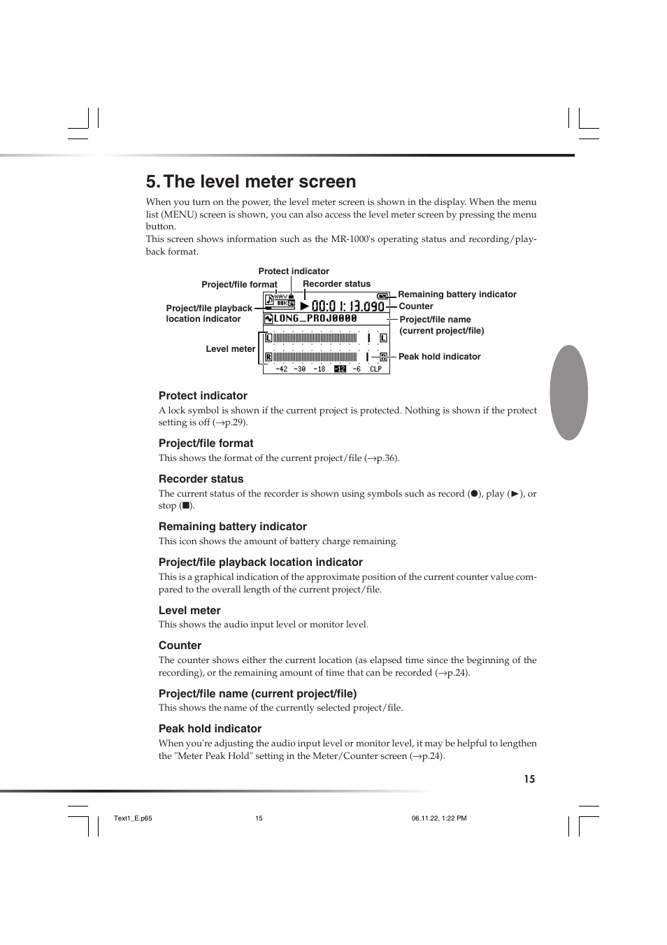 The level meter screen | KORG DSD MR-1000 User Manual | Page 15 / 56