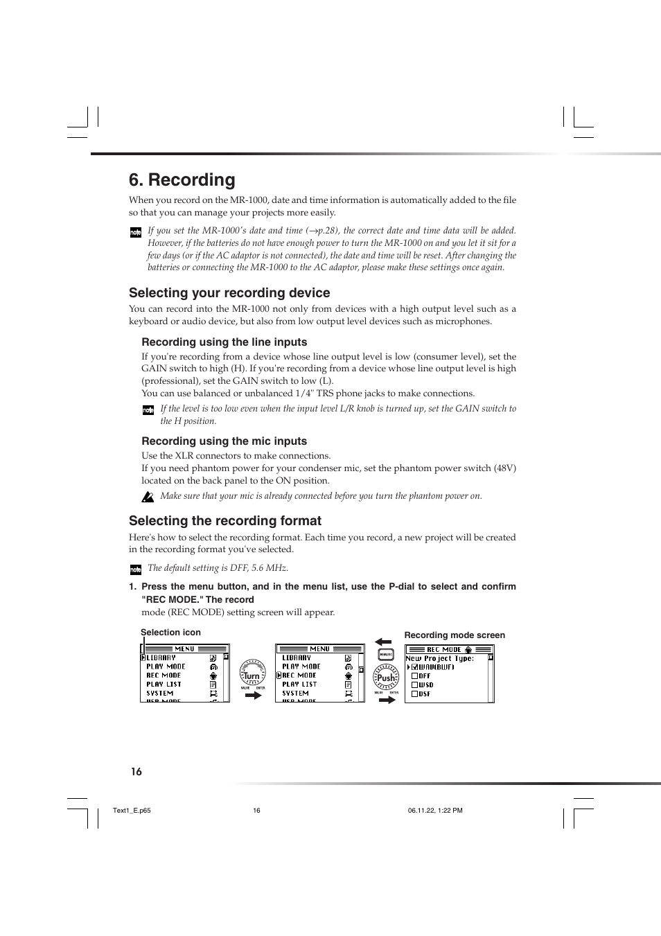 Recording, Selecting your recording device, Selecting the recording format | KORG DSD MR-1000 User Manual | Page 16 / 56