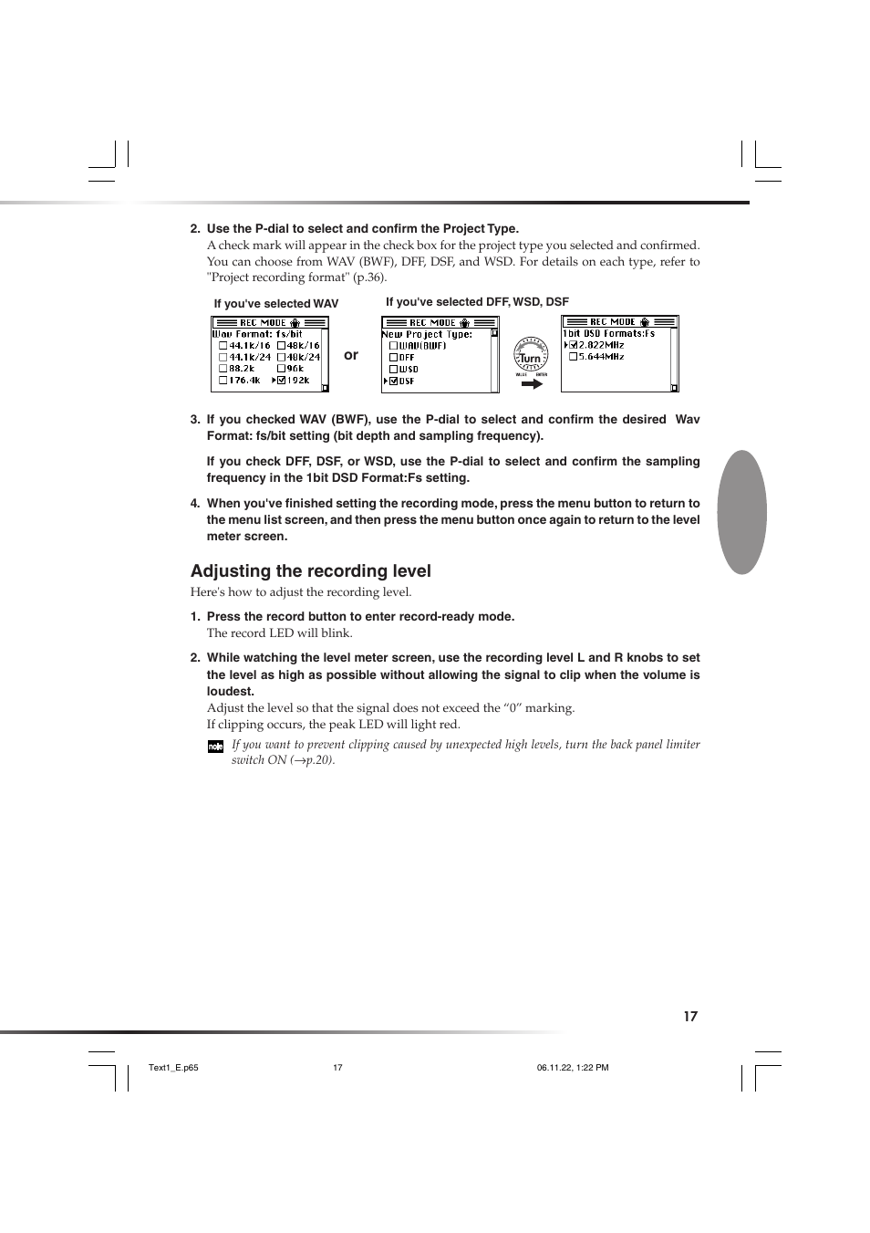 Adjusting the recording level | KORG DSD MR-1000 User Manual | Page 17 / 56