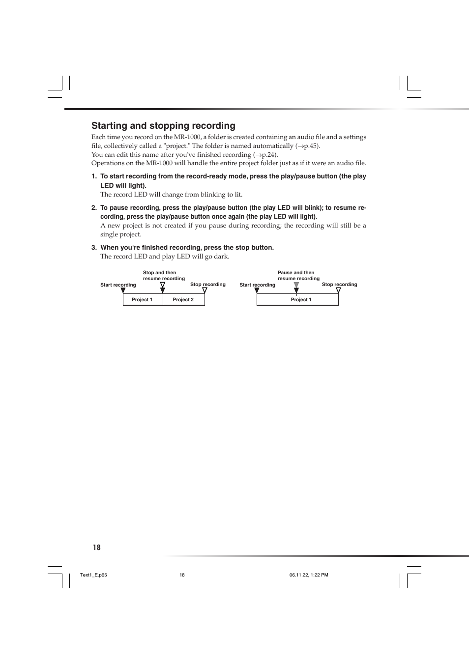 Starting and stopping recording | KORG DSD MR-1000 User Manual | Page 18 / 56