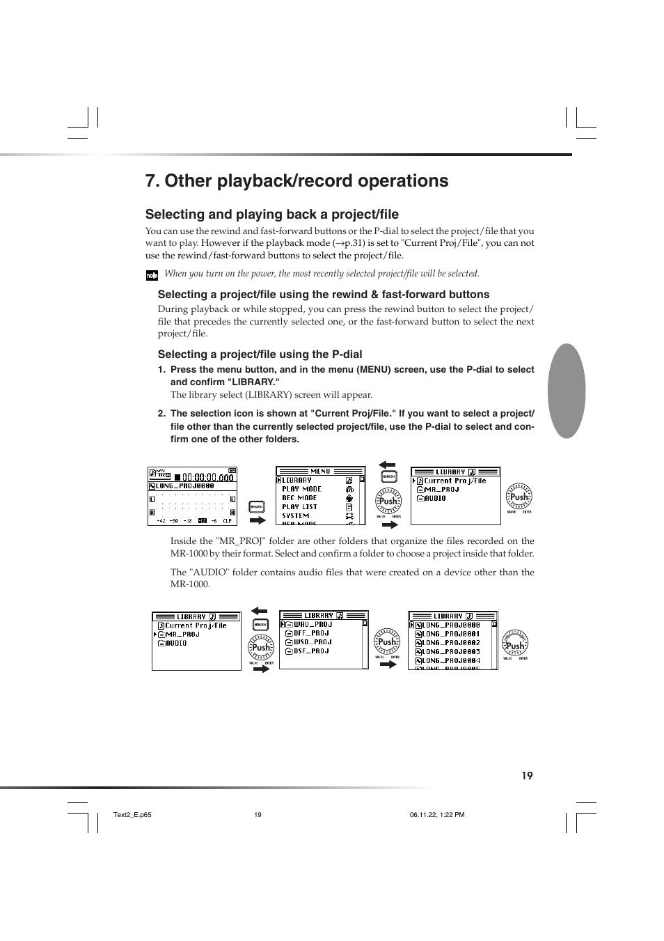 Other playback/record operations, Selecting and playing back a project/file | KORG DSD MR-1000 User Manual | Page 19 / 56