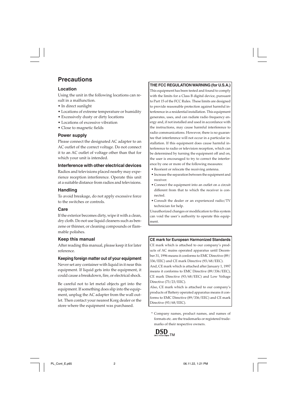 Precautions | KORG DSD MR-1000 User Manual | Page 2 / 56
