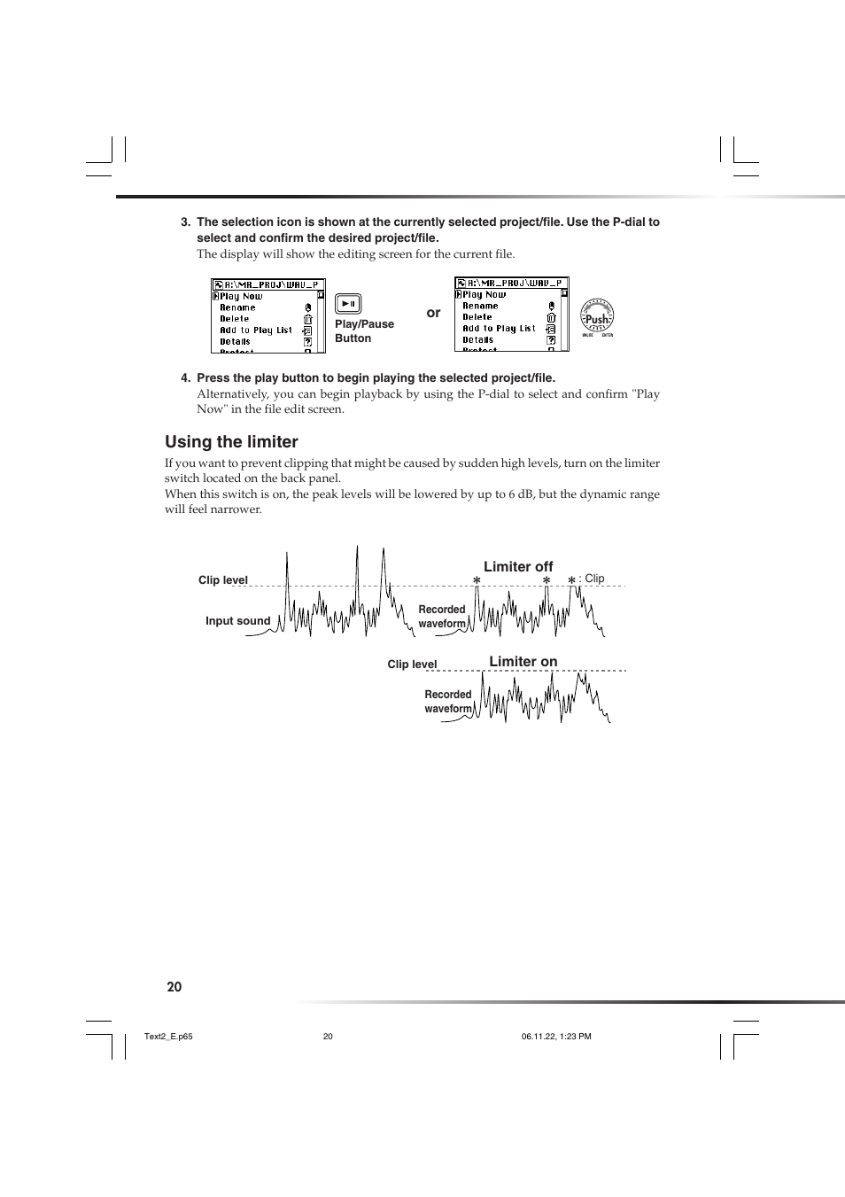 Using the limiter, Levels, P.20) | KORG DSD MR-1000 User Manual | Page 20 / 56