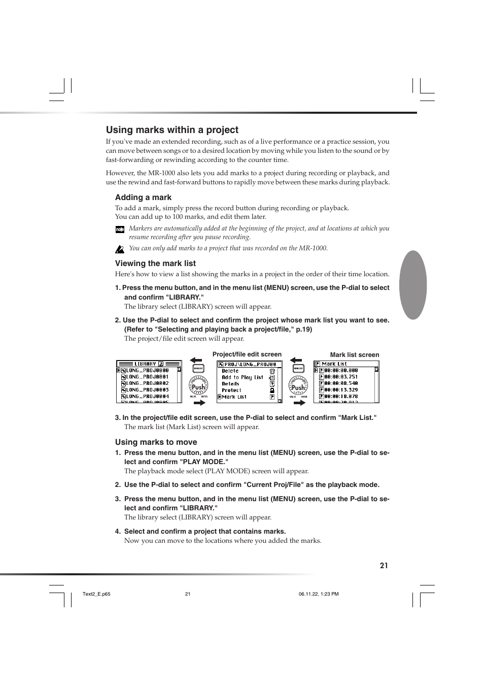 Using marks within a project, E a mark, P.21) by pr | Ed point, P.21) | KORG DSD MR-1000 User Manual | Page 21 / 56