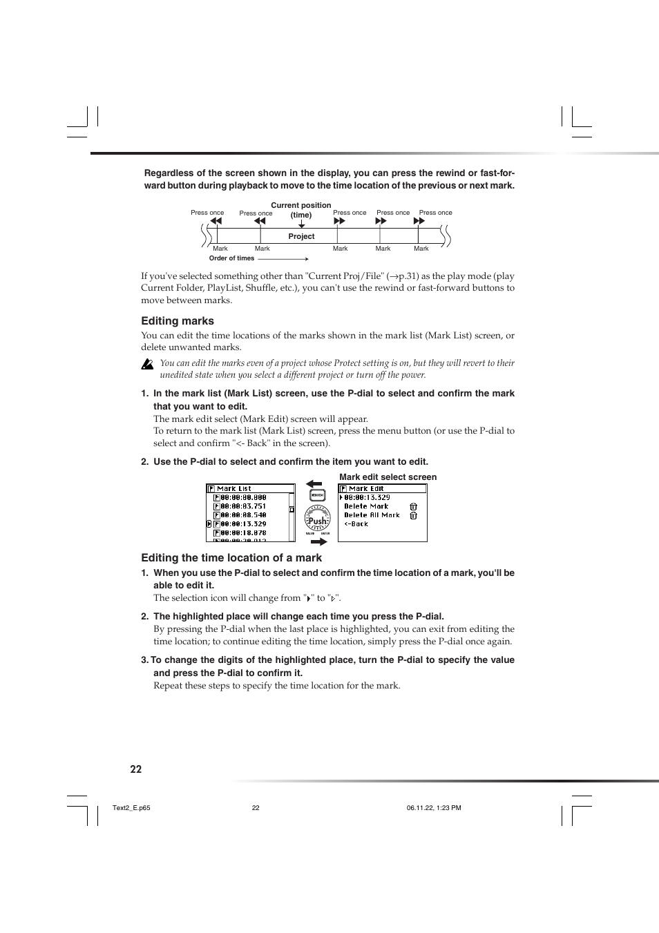 Editing marks, Editing the time location of a mark | KORG DSD MR-1000 User Manual | Page 22 / 56