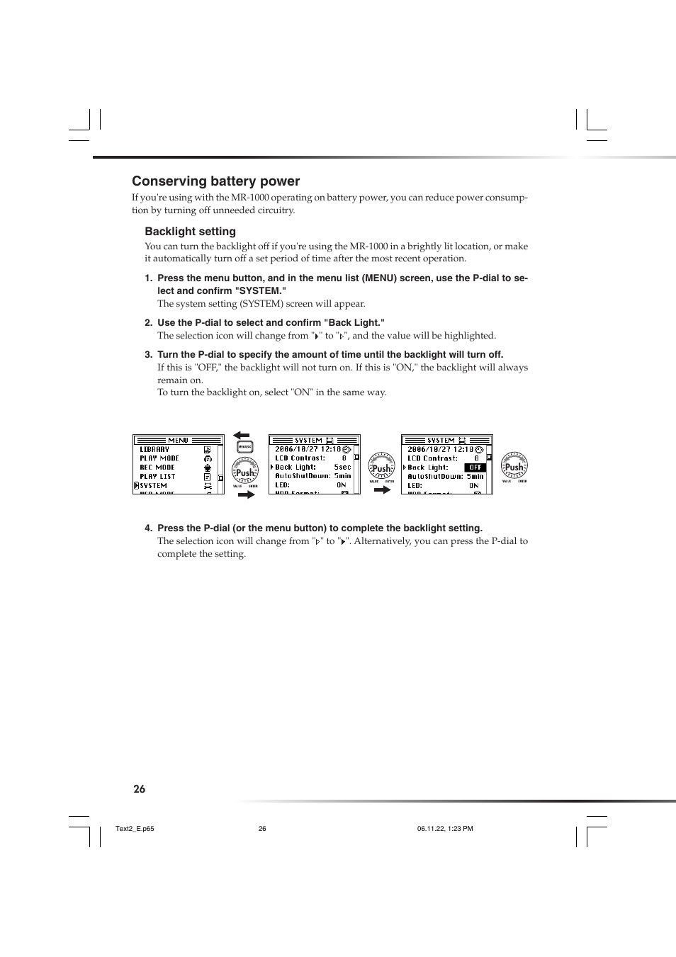 Conserving battery power | KORG DSD MR-1000 User Manual | Page 26 / 56