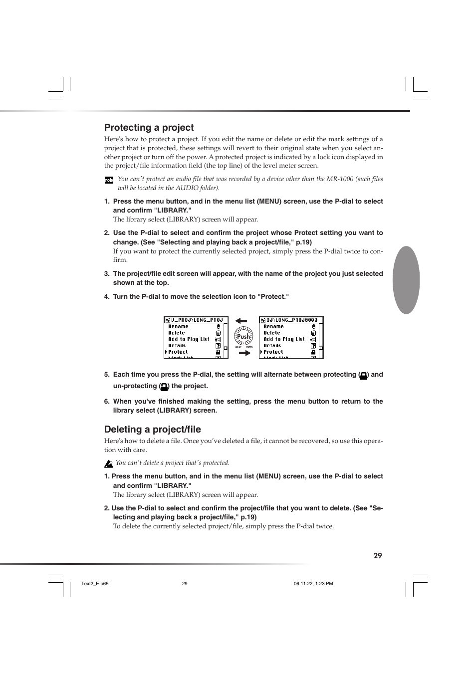 Protecting a project, Deleting a project/file, Protecting a project deleting a project/file | P.29) | KORG DSD MR-1000 User Manual | Page 29 / 56