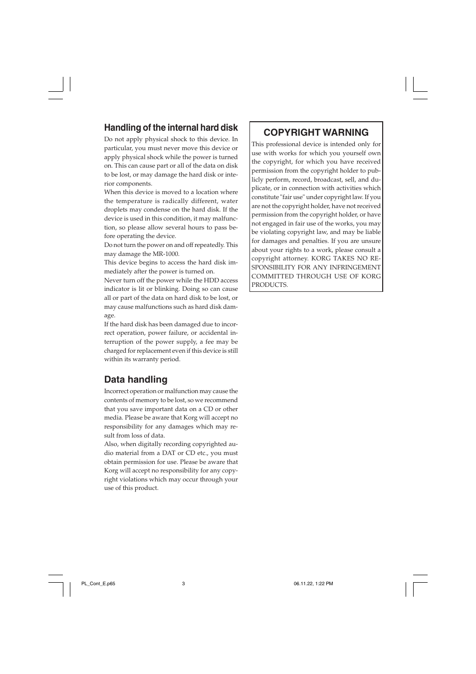 Handling of the internal hard disk, Data handling, Copyright warning | KORG DSD MR-1000 User Manual | Page 3 / 56