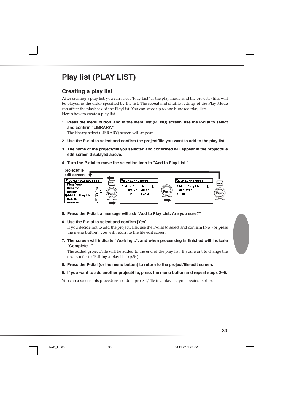 Play list (play list), Creating a play list, Eate | P.33) will be played | KORG DSD MR-1000 User Manual | Page 33 / 56