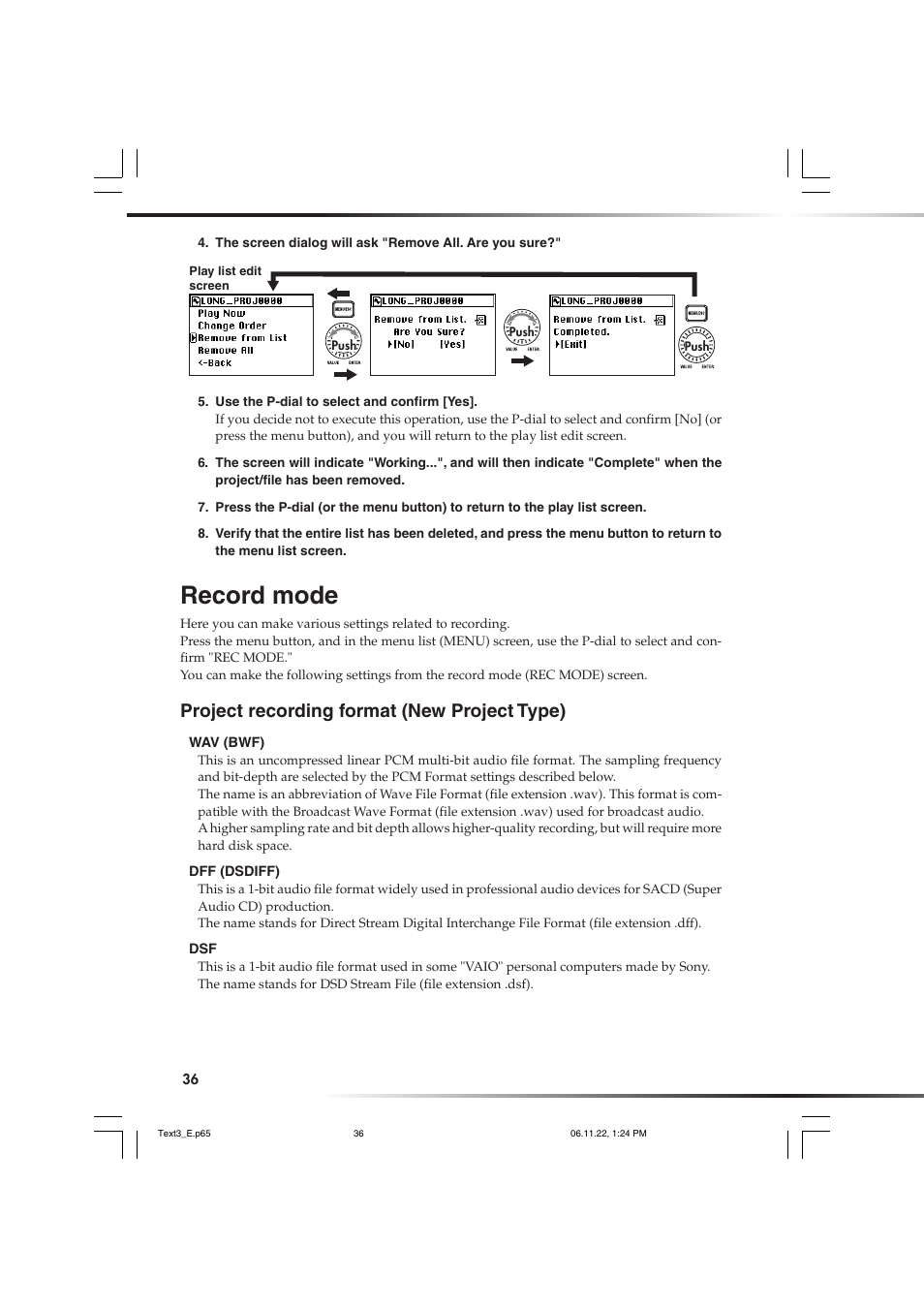 Record mode, Project recording format (new project type), Oject/file | P.36) | KORG DSD MR-1000 User Manual | Page 36 / 56