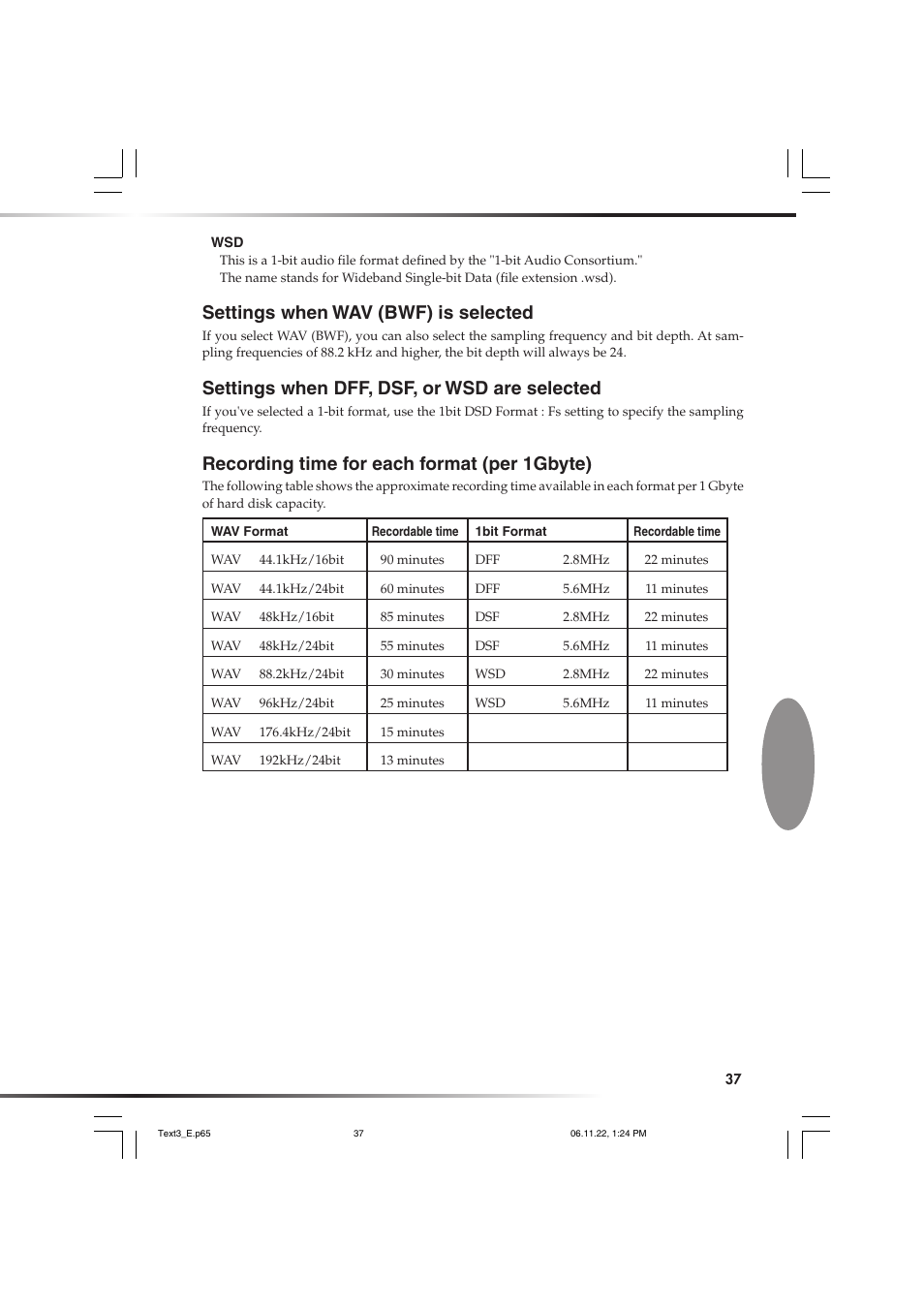 Settings when wav (bwf) is selected, Settings when dff, dsf, or wsd are selected, Recording time for each format (per 1gbyte) | KORG DSD MR-1000 User Manual | Page 37 / 56