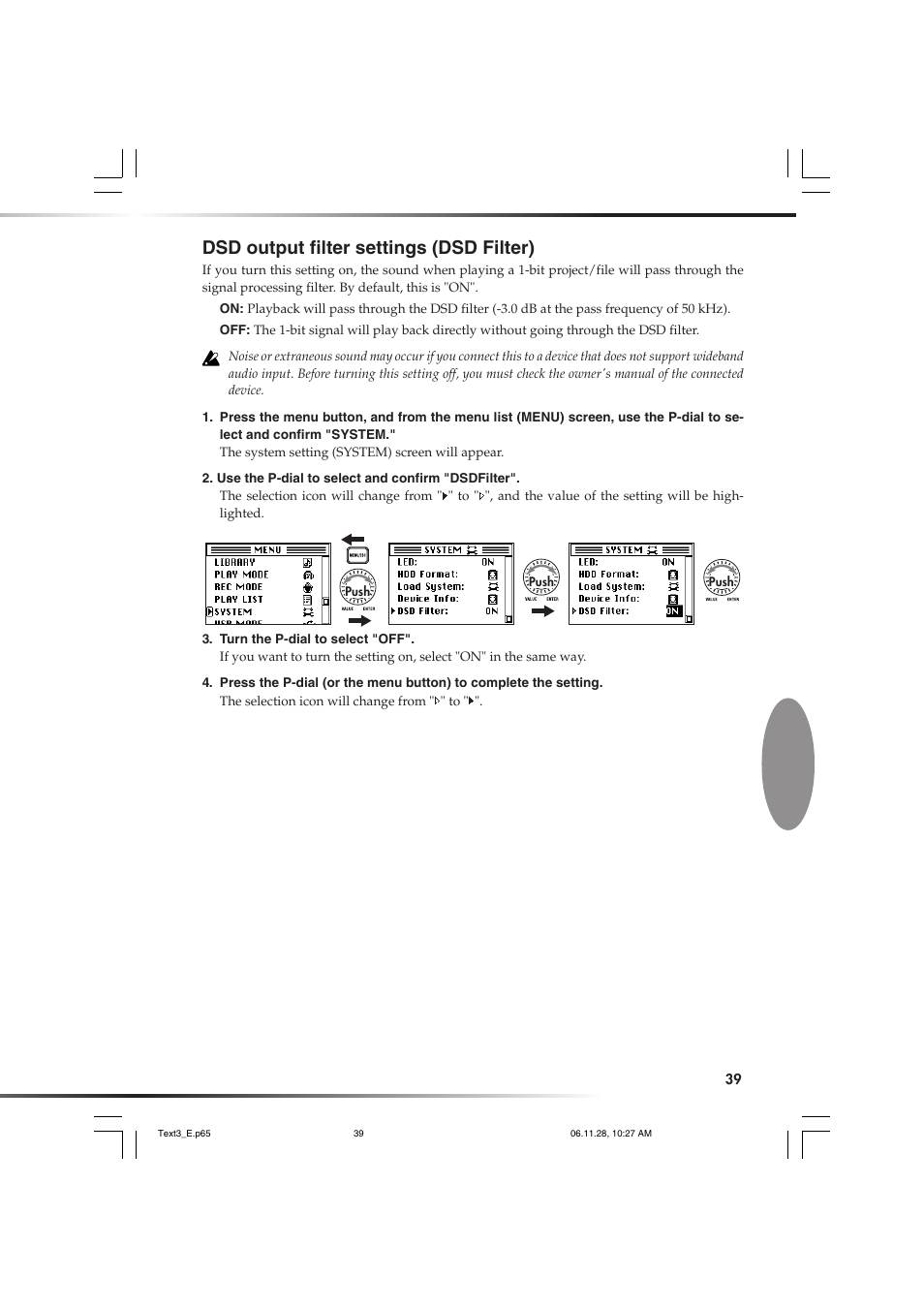 Dsd output filter settings (dsd filter) | KORG DSD MR-1000 User Manual | Page 39 / 56